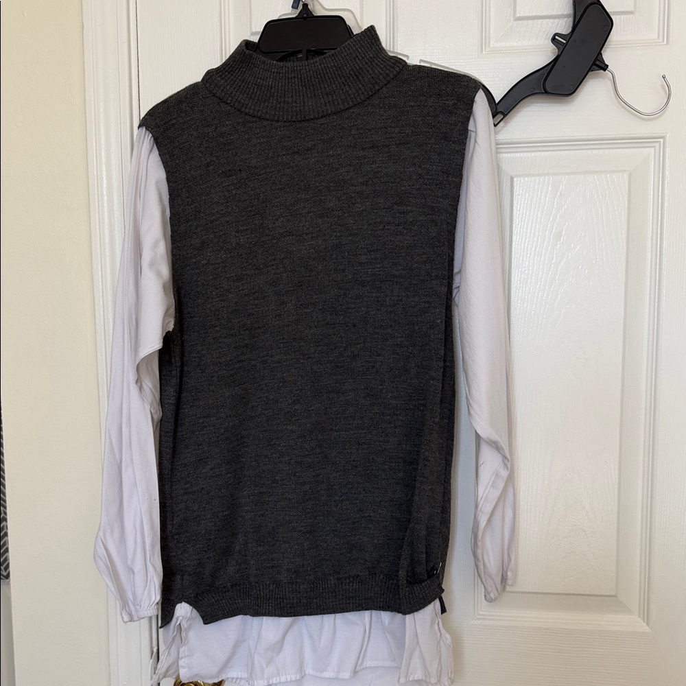 Gray Sleeveless Sweater Vest with White Long Sleeve Shirt